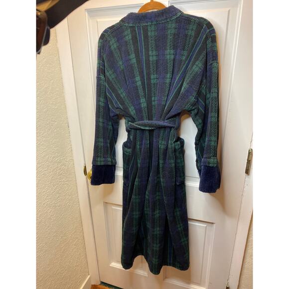 VINTAGE X BARRINGTON Green Blue Plaid Cotton Unisex Robe - Picture 4 of 5